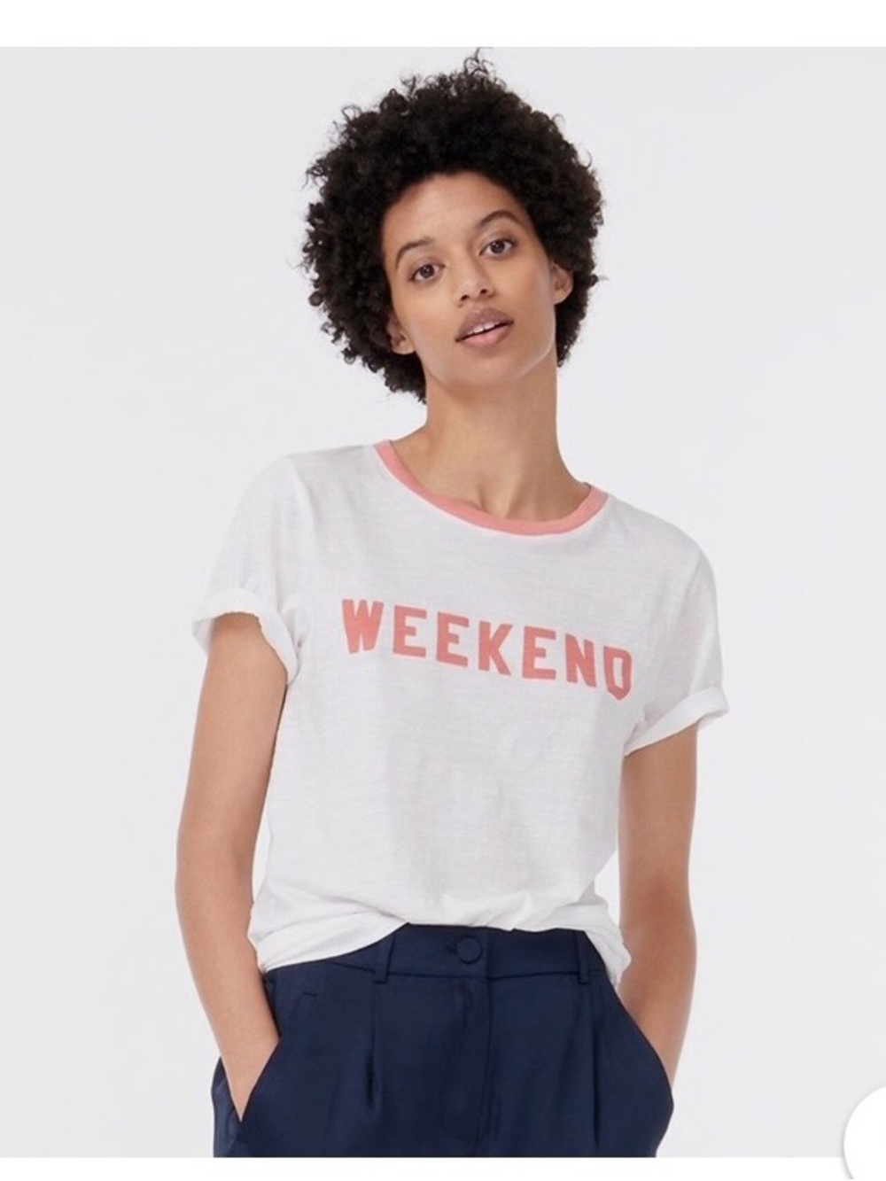 J Crew Women”s White 'WEEKEND' Graphic Tee with Pink Trim, Sz Sm